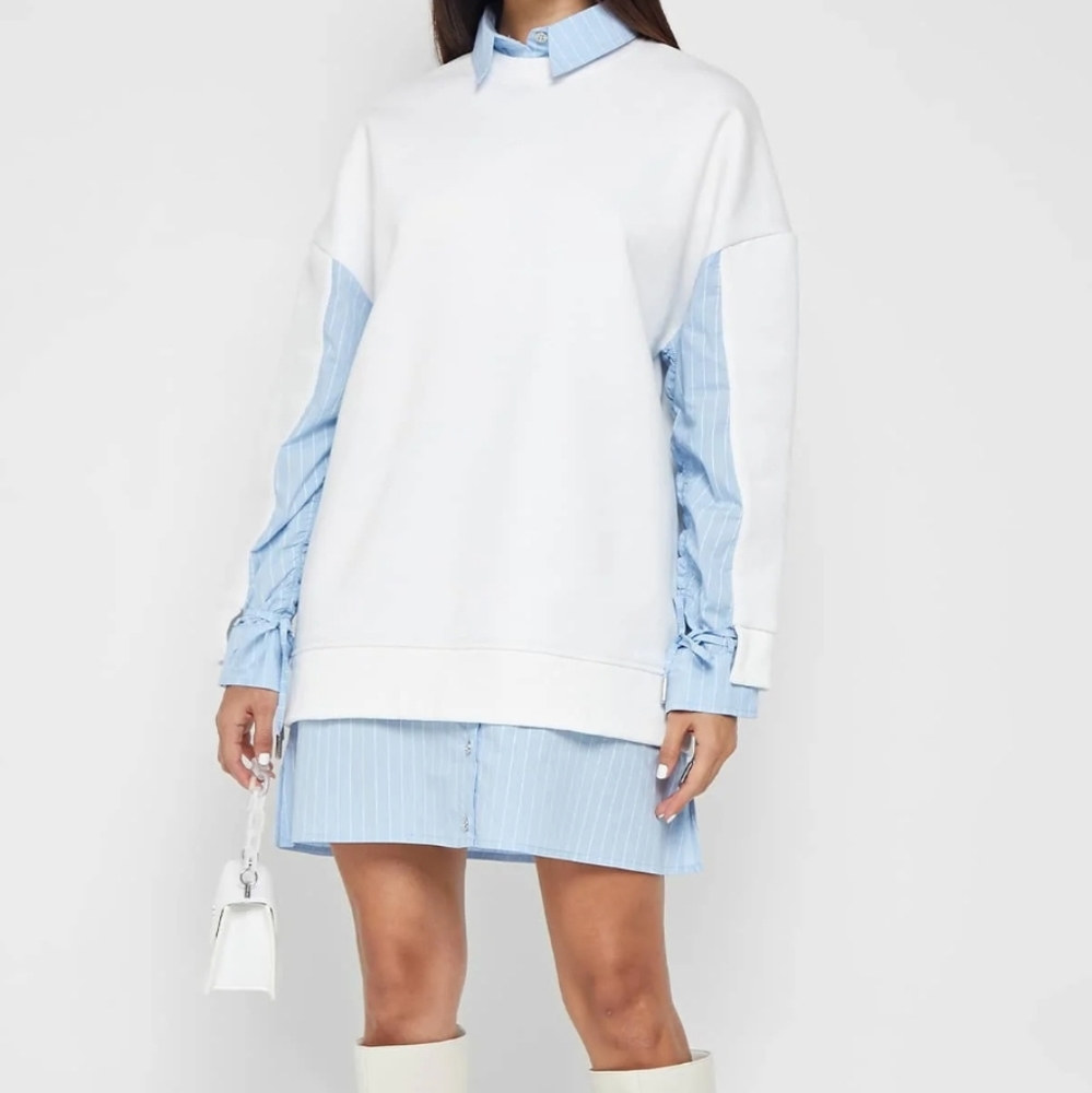 JUMPER DRESS WITH PINSTRIPE SHIRT - WHITE